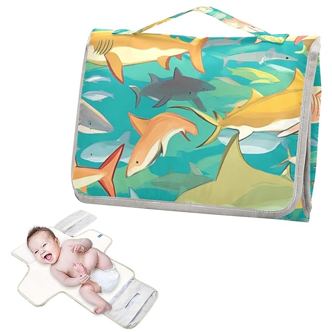 Portable Diaper Changing Pad Travel Baby Changing Mat Waterproof Diaper Changing Mat Foldable Lightweight Baby Changer with Built-in Pillow Colorful Sharks Green