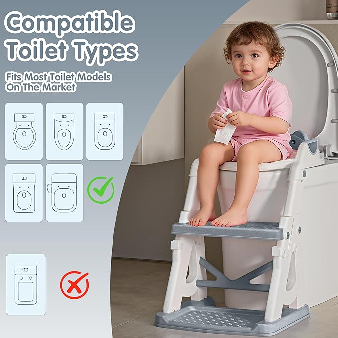Potty Training Seat, 2 in 1 Potty Training Toilet with Step Stool for Boys Girls, Toddler Toilet Seat with Stabilizer Crossbar, Anti-Slip Pads and Splash Guard, Grey