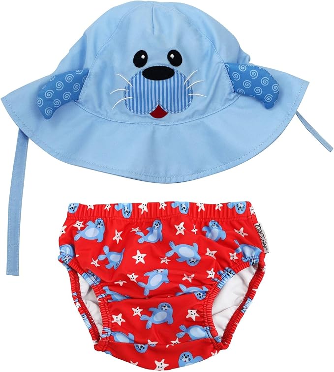 ZOOCCHINI Baby & Toddler Sun Hat & Reusable Swim Diaper Set, UPF 50+ Protection, Chlorine and Salt Water Resistant for Beach and Pool