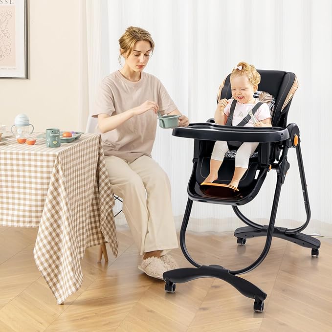 HONEY JOY Baby High Chair, Foldable High Chairs for Babies and Toddlers, Adjustable Heights, Recline Backrest & Footrest, Double-Layer Tray & Cushion, Portable Infant Highchair with Wheels (Black)