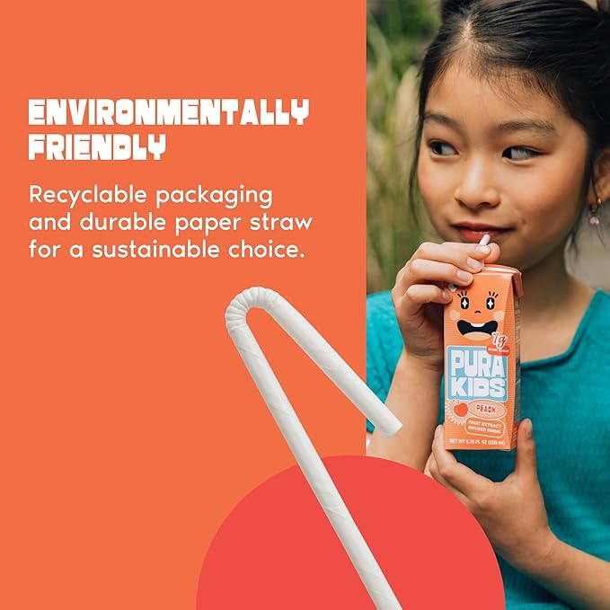 PURA Kids Box | Peach Fruit extract infused Drink for kids | 7g Pure Cane Sugar | Non-GMO | Vegan, No Artificial Sweeteners | Best Lunchbox Beverage with Paper Straw | 6.76 fl oz (200ml), Pack of 24