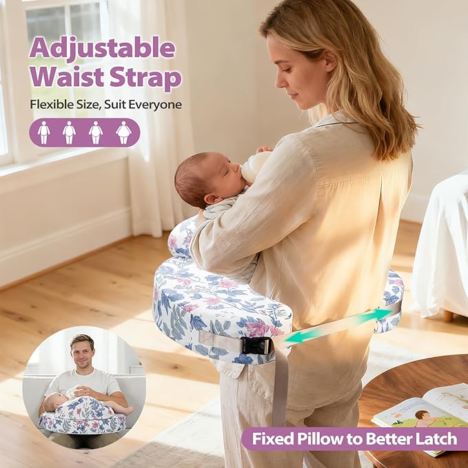 Nursing Pillow - Memory Foam Bottle & Breastfeeding Pillow with Safety Fence - Ergonomic Support, with Wider Breast Feeding Cushion, Adjustable, Removable Cover, Baby Safety Certified Violet