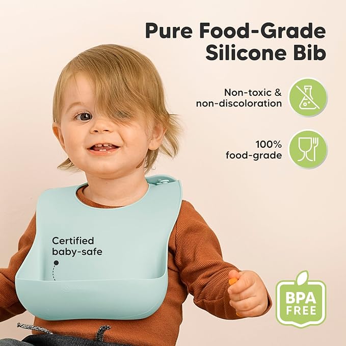 KeaBabies 2-Pack Silicone Bibs for Babies, Toddlers Girl, Boy – Sturdy Food-Grade Baby Bibs for Eating, Large Food Catcher, Clean & Put On Easily, Waterproof Toddler Feeding Essentials(Pastel Sky)