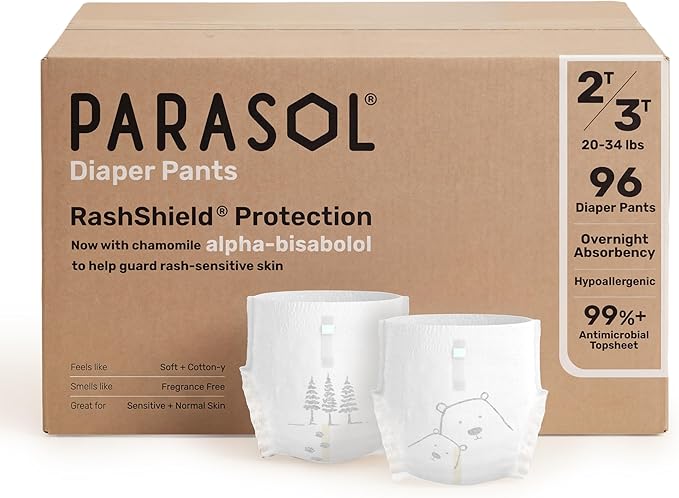 Parasol Chlorine Free Disposable Diaper Pants, Size 4 (2T-3T) 96 Count, Pull Up-Style with RashShield Protection and Active 360 Comfort Wrap, Hypoallergenic Training Diaper