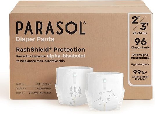 Parasol Chlorine Free Disposable Diaper Pants, Size 4 (2T-3T) 96 Count, Pull Up-Style with RashShield Protection and Active 360 Comfort Wrap, Hypoallergenic Training Diaper