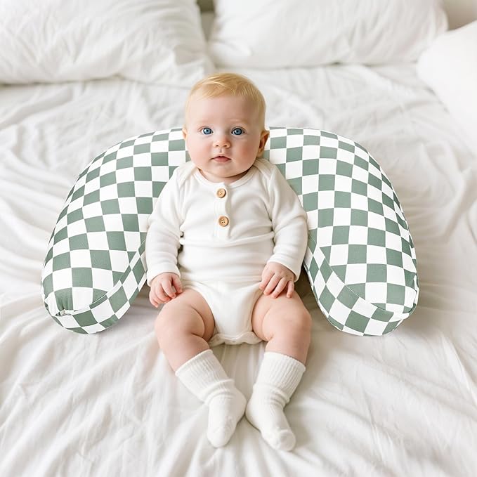 DILIMI Nursing Pillow Cover, Soft Stretchy Nursing Cover for New-Designed Breastfeeding Pillow, Removable Slipover for Baby Boy and Girls, Green Checkered Only Cover