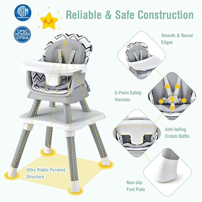 HOMGX Baby High Chair, 8-in-1 Convertible High Chair w/Removable Tray & Safety Harness, Infant Dining Booster Seat, Building Block Table & Chair Set, Highchair for Babies and Toddlers (Wave Grey)