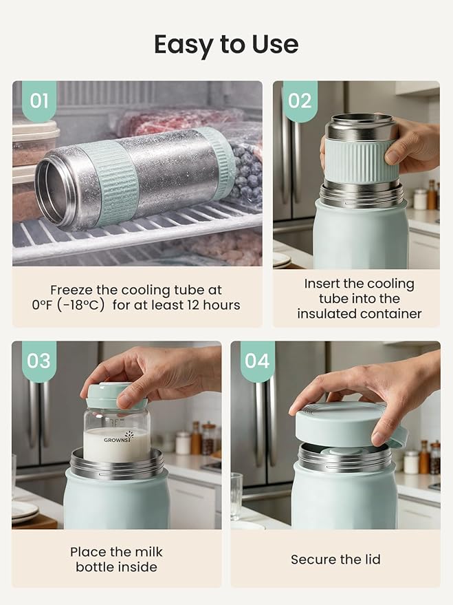 Grownsy 22oz Portable Breast Milk Cooler, 360° Stainless Steel Chiller Keeps Breastmilk Fresh for 24H, No Ice Crystals,Milk Cooler with 2 Baby Bottles for Work & Travel, Baby Breastfeeding Essential