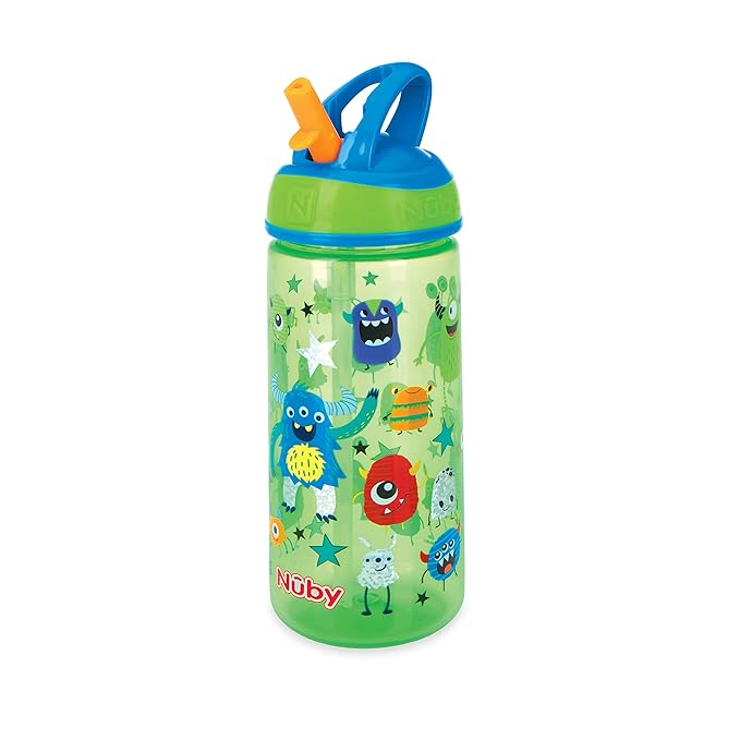 Nuby 2 Pack Iridescent PP Flip-it Kids On-The-Go Printed Water Bottle with Bite Proof Hard Straw - 18oz / 540 ml, 18+ Months, 2 pk, Robot & Friendly Monster Print