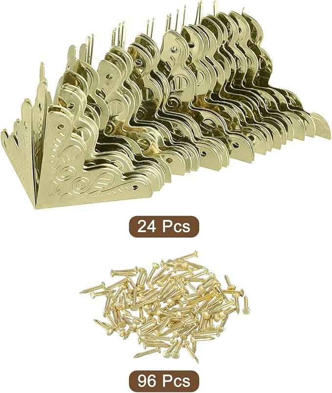 uxcell 24 Pcs Metal Box Corner Protectors 1"x1" Corner Protectors Decorative with Mounting Screws for Storage Box Cabinets Wooden Chest, Gold Tone