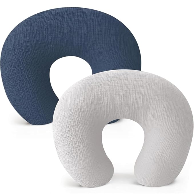2 Pack Newborn Muslin Nursing Pillow Covers Soft Nursing Cover for Breastfeeding Pillow Slipcover for Baby Girls Boys (Tibetan Blue+Light Gray)