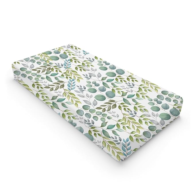 Boho Green Leaves Changing Pad Covers Watercolor Eucalyptus Leaves Diaper Change Table Pad Sheets for Baby Girls and Boys Soft Breathable Stretchy Snug Fitted Changing Mat Cover 32''x16''