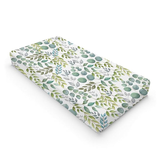 Boho Green Leaves Changing Pad Covers Watercolor Eucalyptus Leaves Diaper Change Table Pad Sheets for Baby Girls and Boys Soft Breathable Stretchy Snug Fitted Changing Mat Cover 32''x16''