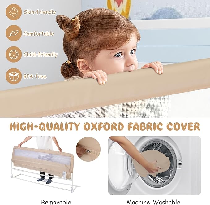 GLACER Foldable Bed Rail for Toddlers - 71" Bedrail w/Safety Straps, Child Lock & Removable Oxford Cover, Swing Down Baby Bed Rail Guard for Crib, Full, Twin, Double, Queen & King Bed (Beige, 1 Pack)
