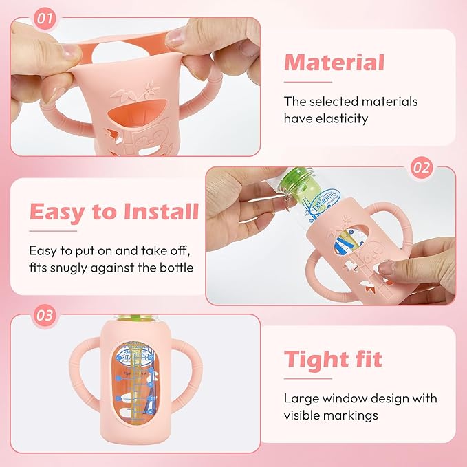 MINMUNJIU 3 Pack Silicone Sleeves for Dr. Brown's Glass Baby Bottles, Anti Breakage Baby Bottle Holder with Handles for Baby Girls, Compatible with Dr. Brown's Glass Baby Bottle, 4 oz/120 mL