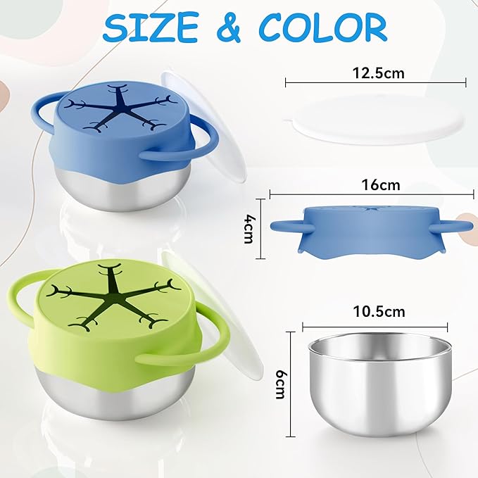 2 Pack Baby Stainless Steel Snack Containers for Toddlers with Spill-Proof Silicone Lids & Dual Handles - Kids Snack Box, Toddler Snack Cups, Perfect for Healthy Eating (Blue+Green)