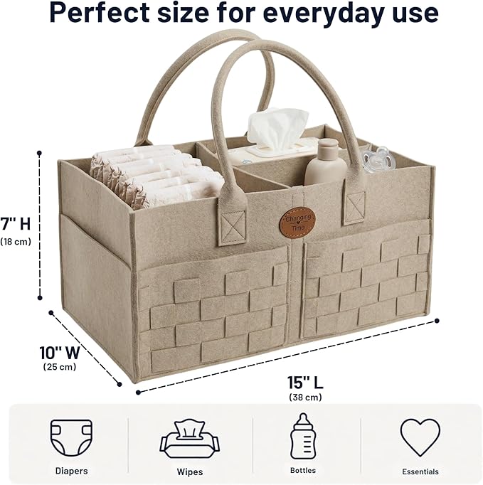 Baby Diaper Caddy Organizer for Nursery – Large Felt Storage Basket for Baby Essentials, Wipes & Diapers – Portable Nursery Organizer Bin for Changing Table or Living Room Beige