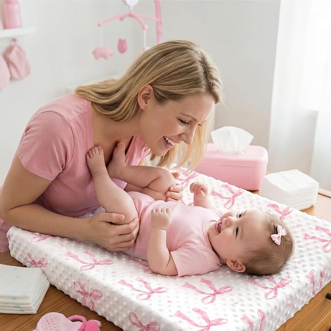 SmoothNovelty 3 Pcs Pink Bow Baby Changing Pad Covers, Flowers Changing Table Cover for Girls, 32 x 16 in Minky Table Sheets, Soft Velvet Nursery Decor, Baby Items