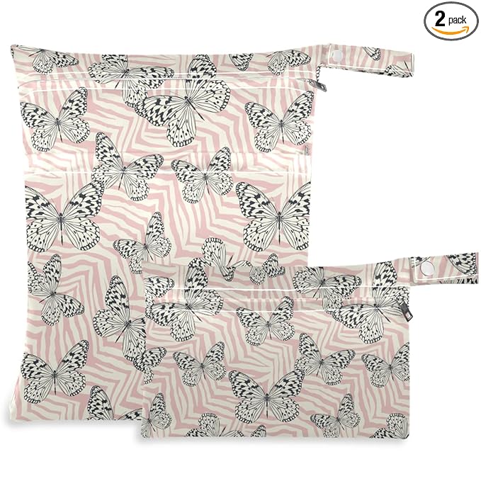 visesunny Butterfly Zebra Print 2Pcs Wet Bag with Zippered Pockets Washable Reusable Roomy Diaper Bag for Travel,Beach,Daycare,Stroller,Diapers,Dirty Gym Clothes,Wet Swimsuits,Toiletries