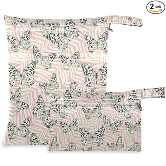 visesunny Butterfly Zebra Print 2Pcs Wet Bag with Zippered Pockets Washable Reusable Roomy Diaper Bag for Travel,Beach,Daycare,Stroller,Diapers,Dirty Gym Clothes,Wet Swimsuits,Toiletries