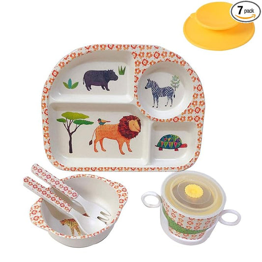 shopwithgreen 7Pcs/Set Bamboo Kids Dinnerware Set - Children Dishes - Food Plate Bowl Cup Spoon Fork Set Dishware, Cartoon Tableware, Dishwasher Safe Kids Healthy Mealtime, BPA Free