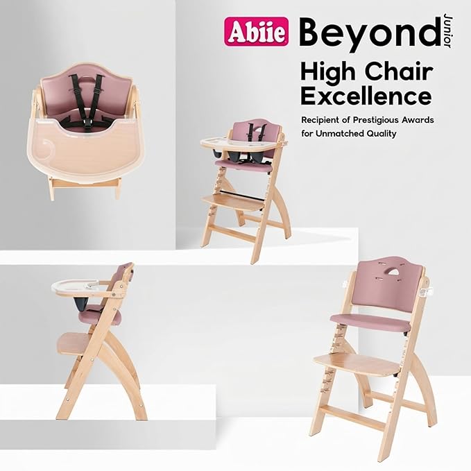 Abiie Beyond Junior Wooden High Chair for Babies and Toddlers - Convertible 3-in-1 Baby Highchair with Removable Tray - 6 Months to 250 Lb - Water Resistant - Natural Wood with Dusty Pink Cushion