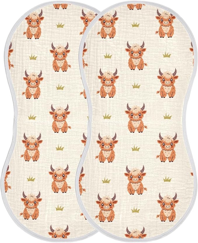 Highland Cow Muslin Burp Cloths for Baby Boys and Girls - 2-Pack Ultra Absorbent Muslin Washcloths, Newborn Towel, Milk Spit Up Rags, Burp Cloth Bibs for Unisex, 22 x 11 Inch