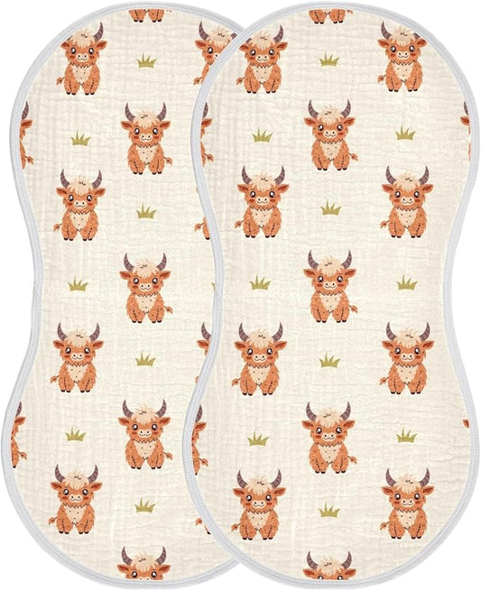 Highland Cow Muslin Burp Cloths for Baby Boys and Girls - 2-Pack Ultra Absorbent Muslin Washcloths, Newborn Towel, Milk Spit Up Rags, Burp Cloth Bibs for Unisex, 22 x 11 Inch