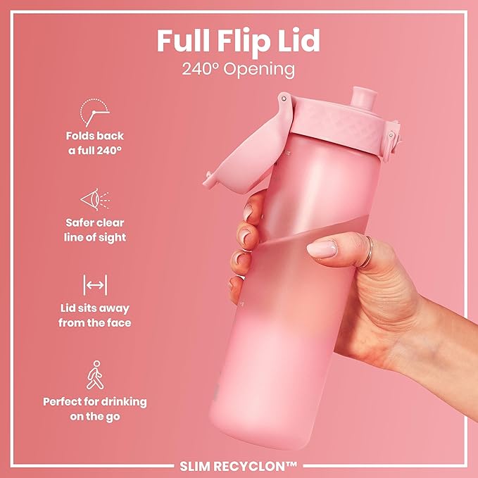 ION8 Water Bottle, 500 ml/18 oz, Leak Proof, Easy to Open, Secure Lock, Dishwasher Safe, BPA Free, Hygienic Flip Cover, Carry Handle, Fits Cup Holders, Easy Clean, Odor Free, Carbon Neutral, Rose Pink