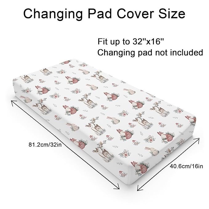 Baby Animals Changing Pad Covers Cute Deer Rabbit Leaves Mushroom Baby Nursery Diaper Change Table Sheets for Boys Girls Boho Animals Soft Breathable Stretchy Changing Mat Sheets Cover 32''x16''