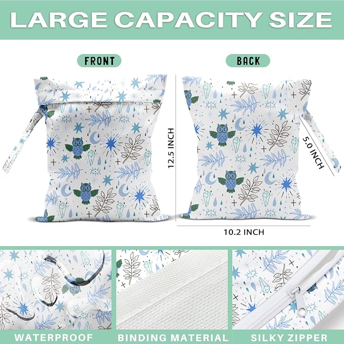 Owl Wet Dry Bags for Diaper Waterproof Swimsuit Washable Reusable Bag for Beach Diapers Dirty Yoga Gym Clothes Plant Gifts for Friend Men Women 12.5x10.2 Inches