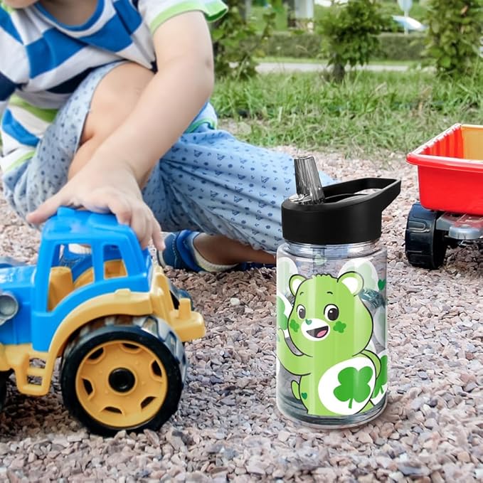 LOGOVISION Care Bears Kids Tritan Plastic Water Bottle with Straw Lid and Handle, Reusable Tumbler for Toddlers, Unisex for Girls and Boys, 12oz, Good Luck Bear Belly Pattern