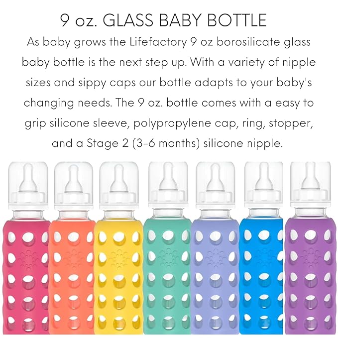 Lifefactory Glass Baby Bottle BPA Free | Protective Silicone Sleeve | 9 oz Pack of 3 | Papaya, Kale, Blueberry
