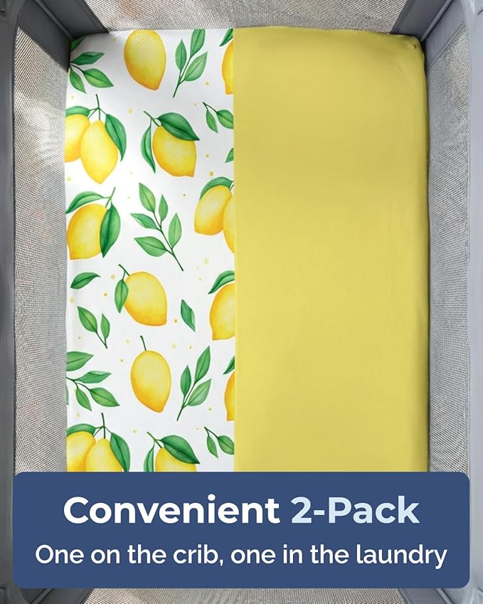 Pack and Play Sheets Fitted - 2 Pack Mini Crib Sheets for Pack N Play Mattress - Unisex Playard Microfiber Bedding for Boys & Girls - Soft, Breathable and Wrinkle Free - Oeko-Tex, 38 x 26in - Lemons
