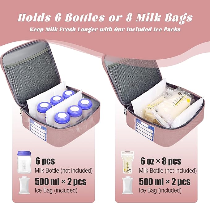 Breast Pump Bag with Insulated Cooler, Double-Layer Pumping Bag for Work & Travel, Fits Most Electric Breast Pumps, Includes 10 Ice Packs & Waterproof Mat, Detachable Bottle Cooler Tote, Pink