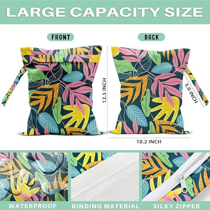 Palm Leaf Wet Dry Bags for Diaper Waterproof Swimsuit Washable Reusable Bag for Beach Diapers Dirty Yoga Gym Clothes Plant Gifts for Women Men Friend