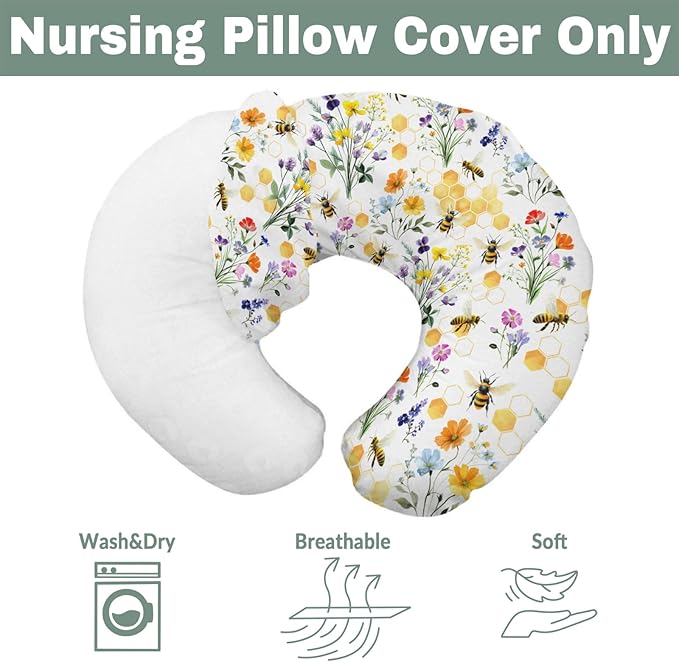 Boho Wildflower Bees Honeycomb Baby Nursing Pillow Covers for Boy Girl Watercolor Honeybee Floral Nursing Slipcovers for Breastfeeding Pillows Summer Soft Stretchy Removable Cover for Newborn Infant