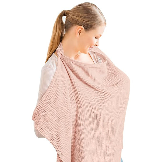 Konssy Muslin Nursing Cover for Baby Breastfeeding, Breathable 100% Cotton Breastfeeding Cover with Rigid Hoop for Mother Nursing Apron, Multi-use Carseat Canopy (Pink)
