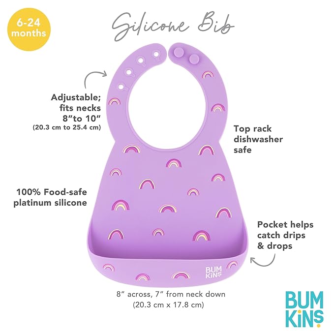 Bumkins Bibs, Silicone Pocket for Babies, Baby Bib for Girl or Boy, for 6-24 Months Up to Toddler, Essential Must Have for Eating, Feeding, Baby Led Weaning Supplies, Mess Saving, Rainbows Purple