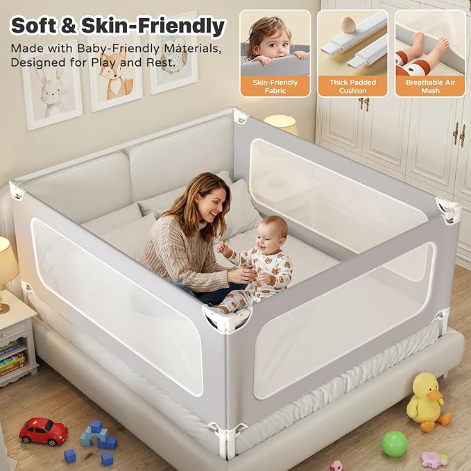 MagicFox 3 Piece Queen Size Bed Rail for Toddlers,Upgraded Height Adjustable Baby Bed Rail Guard, Thickened Child Safety Bed Rails for Queen Size Beds (78.7"x78.7"x60" Gray)