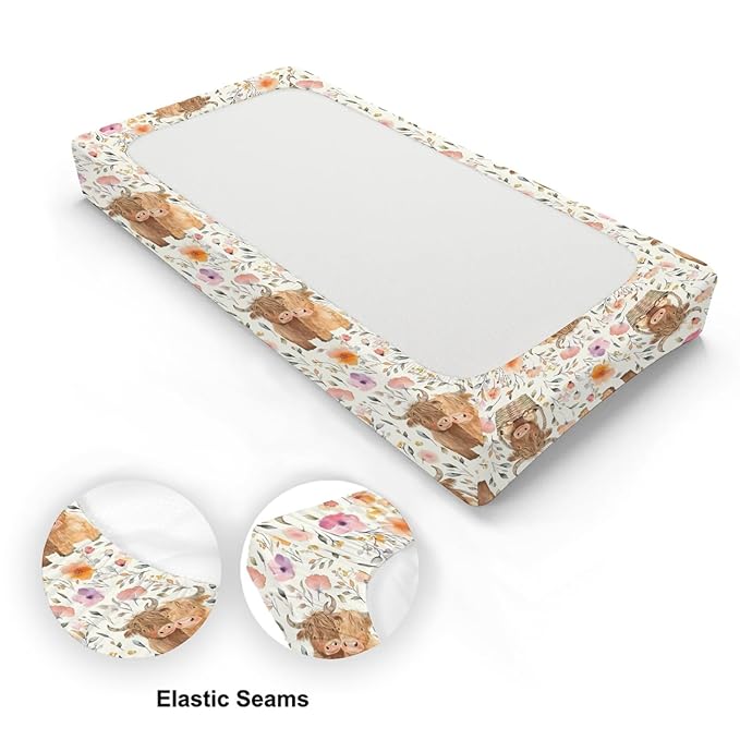 Cartoon Highland Cow Flowers Floral Baby Changing Pad Cover,Unisex Western Farm Animals Cow Nursery Diaper Changing Table Pad Mat Sheet for Boys Girls-16x32