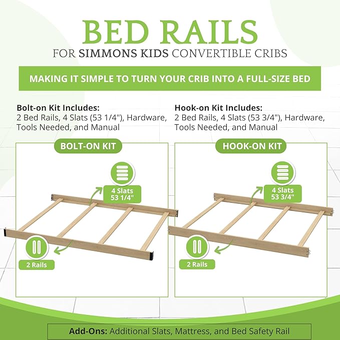 Full-Size Conversion Kit Bed Rails Compatible with Simmons Kids Convertible Cribs by Delta Children - Solid Wood - Toddler and Adult Bed Rail for Full-Size - Baby Furniture (Unfinished, BOLT-ON KIT)