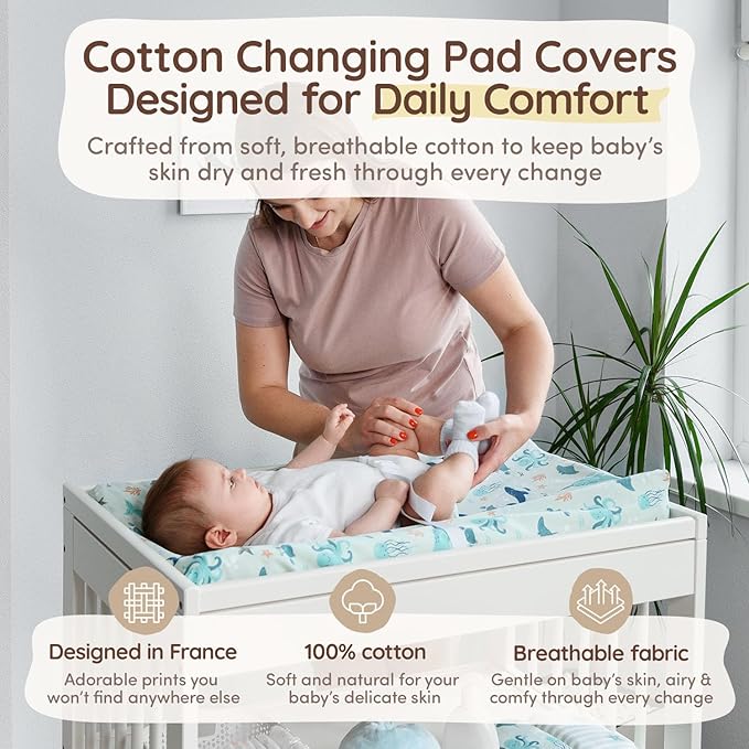 Baby Changing Pad Covers Girl 32"x16", 8" Deep Pocket - Diaper Changing Pad Cover Nautical, 100% Cotton Ocean Whale Diaper Change Table Sheet for Girl & Boy, 2 Pack, Designed in France, Teal-White
