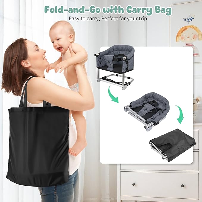 Booster Seat for Dining Table, 3-in-1 Portable Toddler Booster Chair with Safety Buckle, Height Adjustable & Foldable Baby Feeding Seat, Travel High Chair with Washable Cover & Storage Pocket - Grey