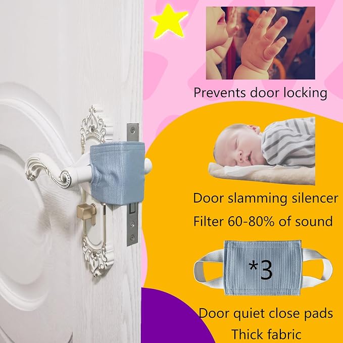 Baby Proof Door Silencer & Cloth Latch Cover, Quiet Close Anti-Slam Pads to Prevent Slamming and Accidental Locking, for Nursery and Toddler Safety (3, Grayish Blue, 4.1 * 3.1 inches)