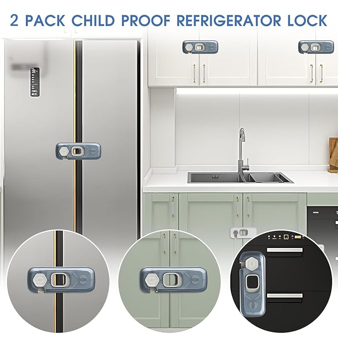 Fridge Locks with Self Adhesive, Refrigerator Latch for Kids, Toddlers and Children, Child & Baby Proofing Freezer Door Lock for, Cabinets and Drawers, Oven, Windows (Blue-2pack)