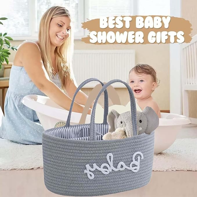 Diaper Caddy Organizer for Changing Table, Cotton Rope Baby Storage Basket for Diaper Wipes, Car Caddy Organizer, Nursery Diaper Organizer With Divider, Portable Diaper Storage -Light Grey