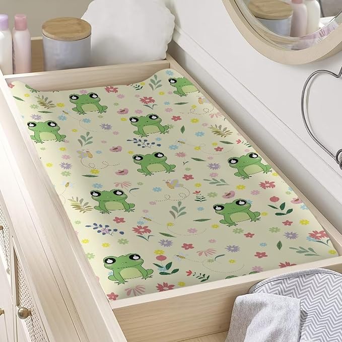 Frog Floral Changing Pad Cover for Baby Girls Diaper Change Table Covers, Soft Stretchy Infant Newborn Changing Mat Sheet