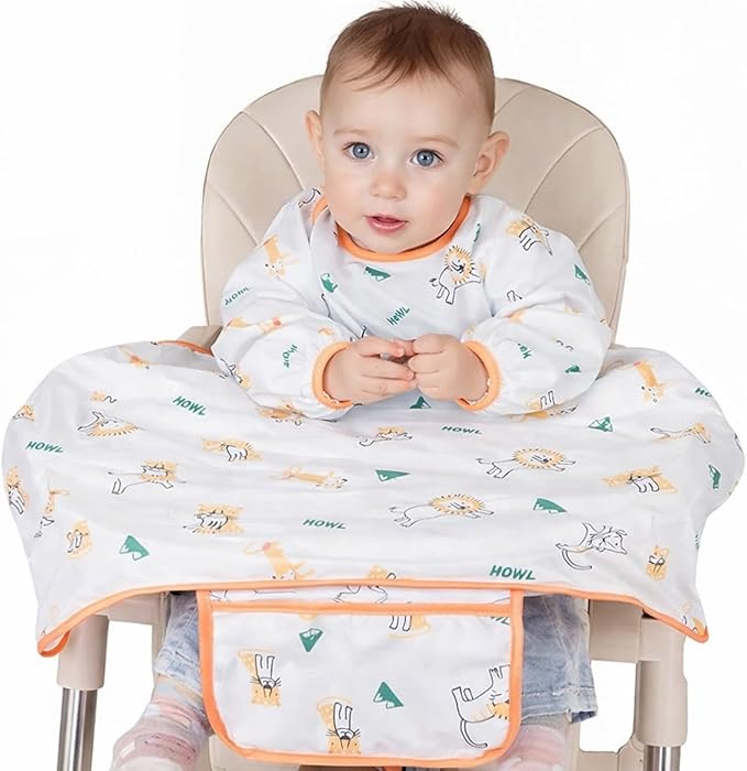 MOTEERLLU Coverall Baby Feeding Bib for Eating,Long Sleeves Bib Attaches to Highchair and Table,Weaning Bibs