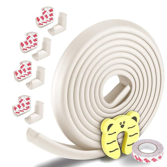 Baby Proofing Edge and Corner Guards, Safety 3M Pre-Taped Furniture Bumper, Rice White, Heavy-Duty (Rice White, 16.4 Feet + 8 Corner)